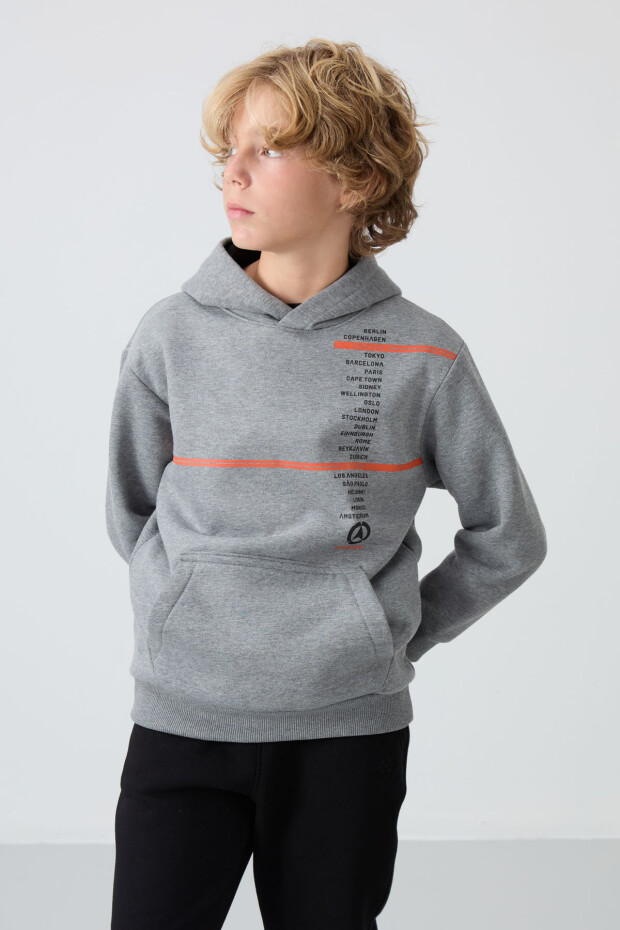 Gri Melanj Pamuklu Kalın İçi Tüylü Standart Fit Baskılı Erkek Çocuk Sweatshirt - 11239 - 2