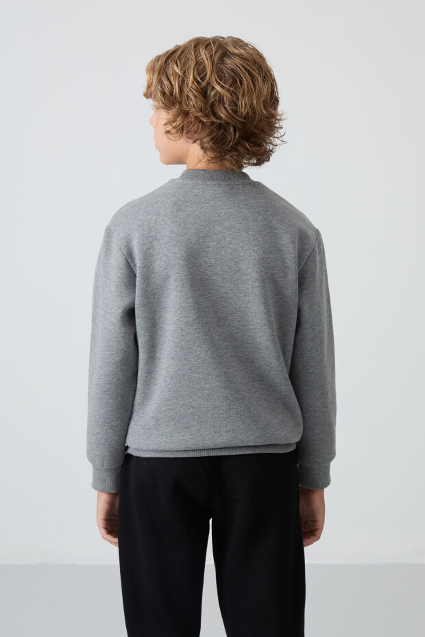 Gri Melanj Pamuklu Kalın İçi Tüylü Standart Fit Nakışlı Erkek Çocuk Sweatshirt - 11232 - 5