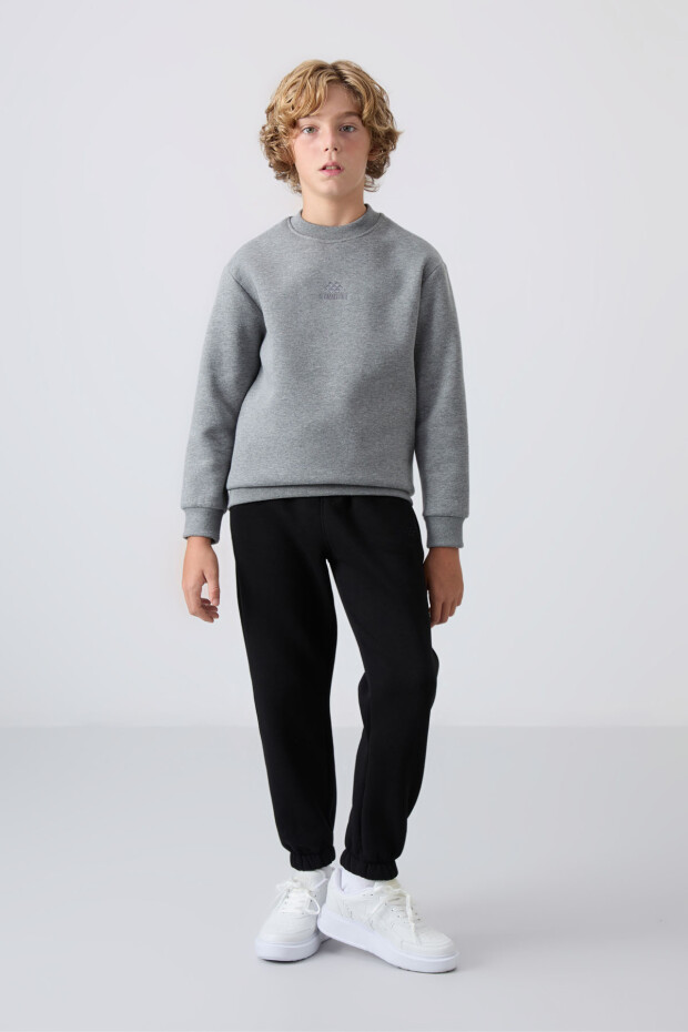 Gri Melanj Pamuklu Kalın İçi Tüylü Standart Fit Nakışlı Erkek Çocuk Sweatshirt - 11232 - 2