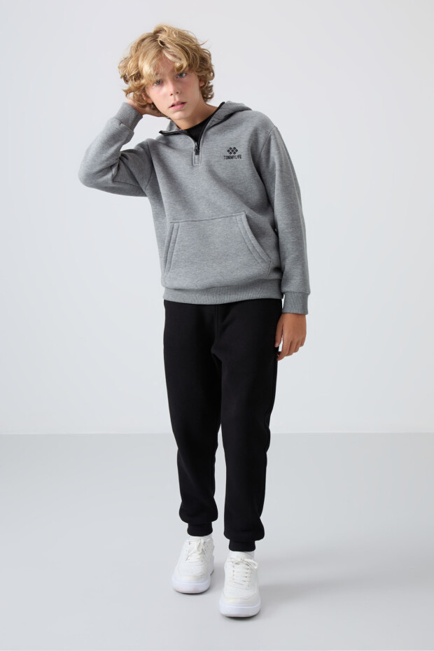 Gri Melanj Pamuklu Kalın İçi Tüylü Standart Fit Nakışlı Erkek Çocuk Sweatshirt - 11244 - 2