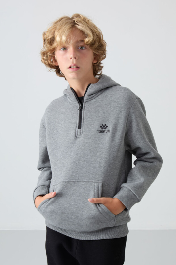 Gri Melanj Pamuklu Kalın İçi Tüylü Standart Fit Nakışlı Erkek Çocuk Sweatshirt - 11244 - 4