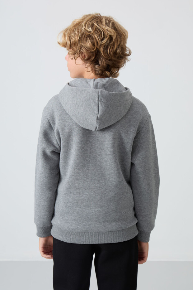 Gri Melanj Pamuklu Kalın İçi Tüylü Standart Fit Nakışlı Erkek Çocuk Sweatshirt - 11244 - 5