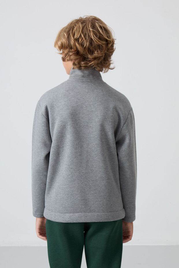 Gri Melanj Pamuklu Kalın İçi Tüylü Standart Fit Nakışlı Erkek Çocuk Sweatshirt - 11245 - 5