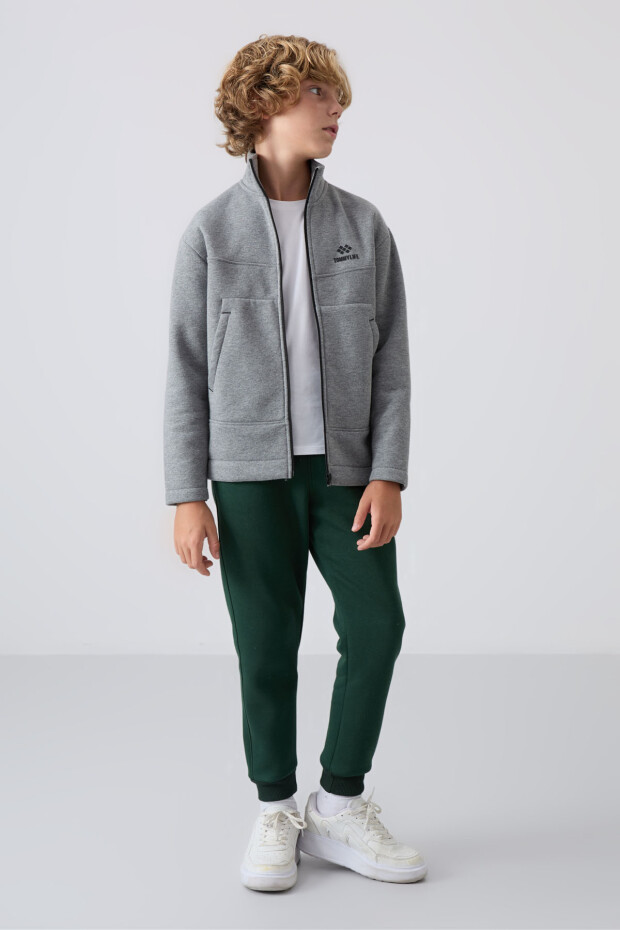 Gri Melanj Pamuklu Kalın İçi Tüylü Standart Fit Nakışlı Erkek Çocuk Sweatshirt - 11245 - 3