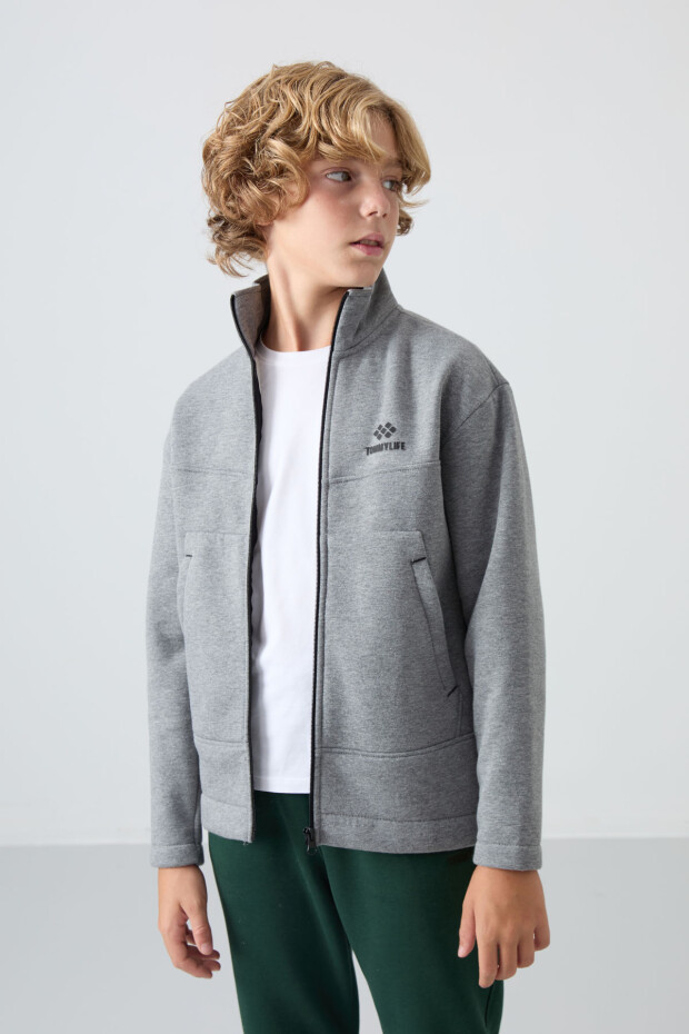 Gri Melanj Pamuklu Kalın İçi Tüylü Standart Fit Nakışlı Erkek Çocuk Sweatshirt - 11245 - 4