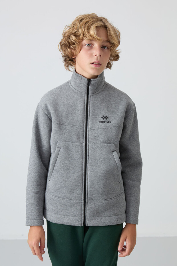 Gri Melanj Pamuklu Kalın İçi Tüylü Standart Fit Nakışlı Erkek Çocuk Sweatshirt - 11245 - 1