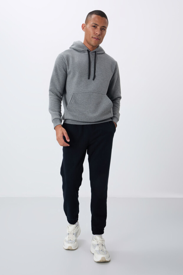 Gri Melanj Pamuklu Kalın İçi Tüylü Yumuşak Dokulu Comfort Fit Nakışlı Erkek Sweatshirt - 88419 - 4