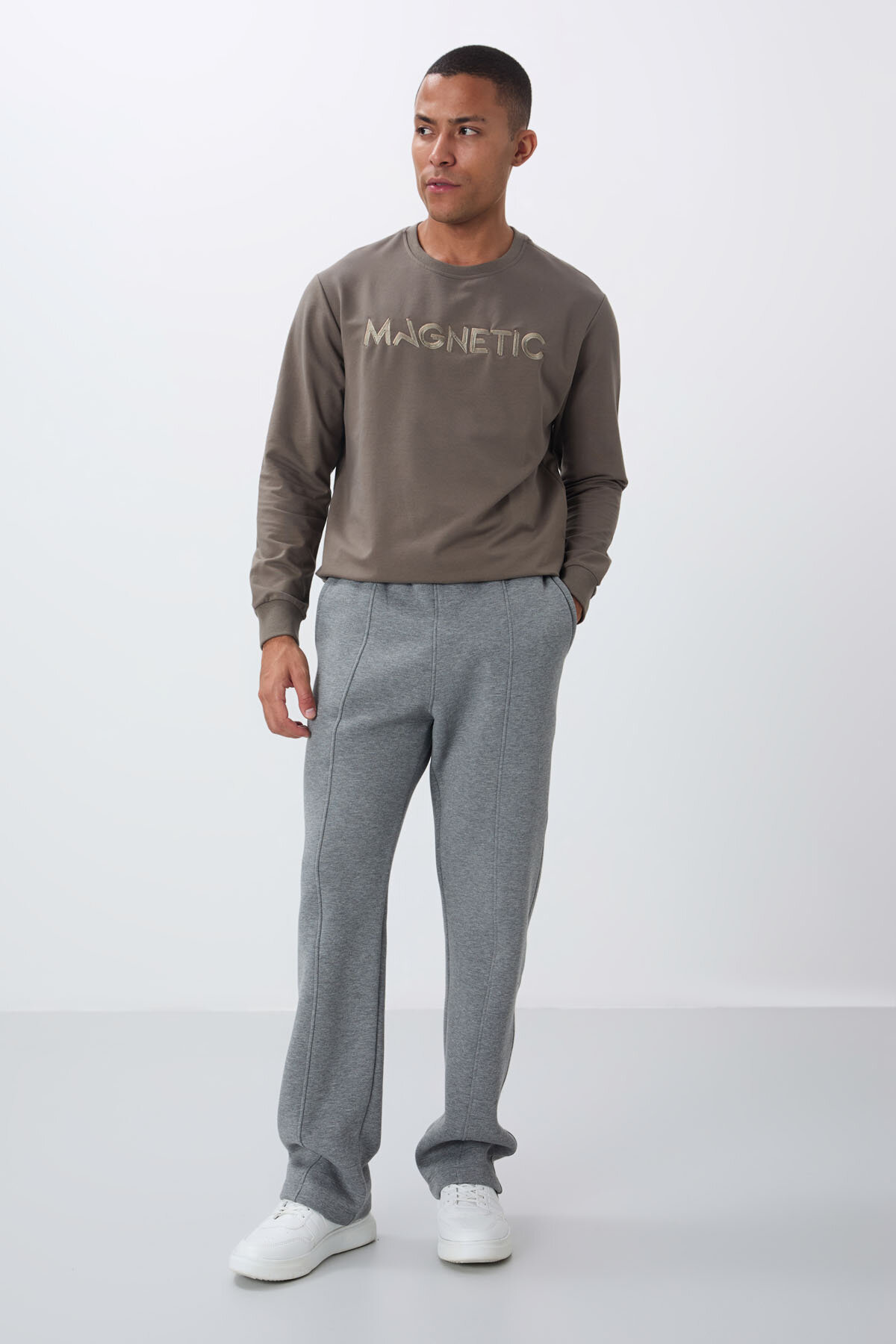 Gri Melanj Pamuklu Kalın İçi Tüylü Yumuşak Dokulu Oversize Nakışlı Erkek Eşofman Altı -82146 - TOMMYLIFE (1)