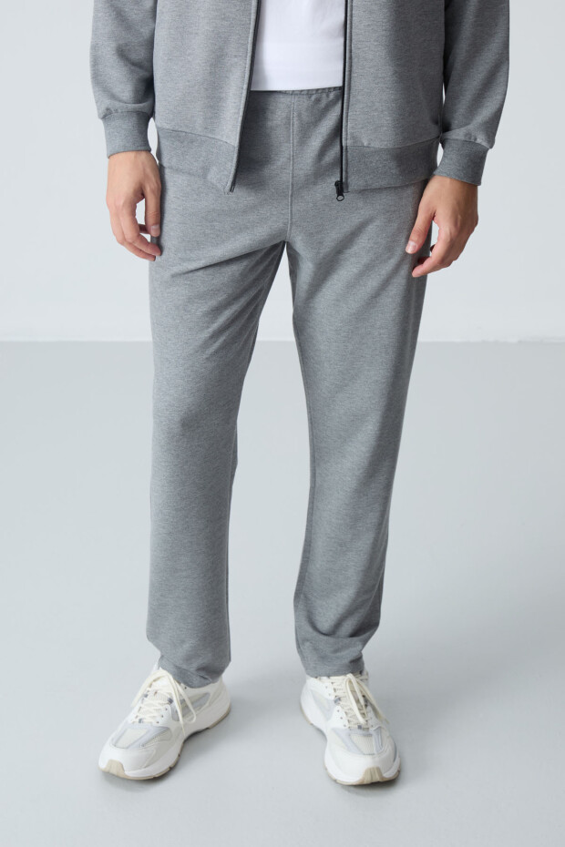 Gri Melanj Pamuklu Kalın Yumuşak Dokulu Comfort Fit Basic Erkek Eşofman Takım - 85260 - 5