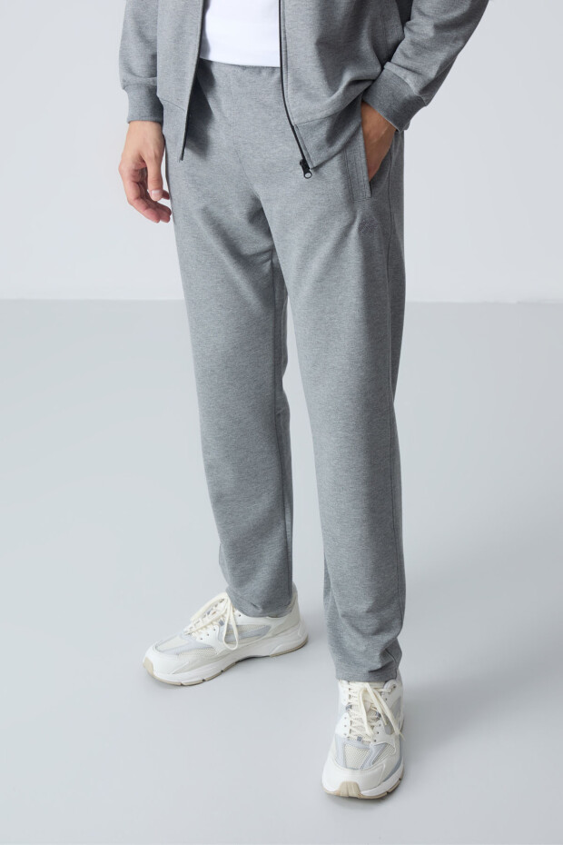 Gri Melanj Pamuklu Kalın Yumuşak Dokulu Comfort Fit Basic Erkek Eşofman Takım - 85260 - 7