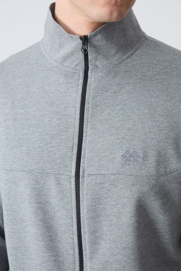 Gri Melanj Pamuklu Kalın Yumuşak Dokulu Comfort Fit Basic Erkek Eşofman Takım - 85260 - 4