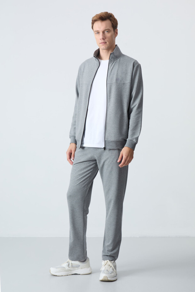 Gri Melanj Pamuklu Kalın Yumuşak Dokulu Comfort Fit Basic Erkek Eşofman Takım - 85260 - 6
