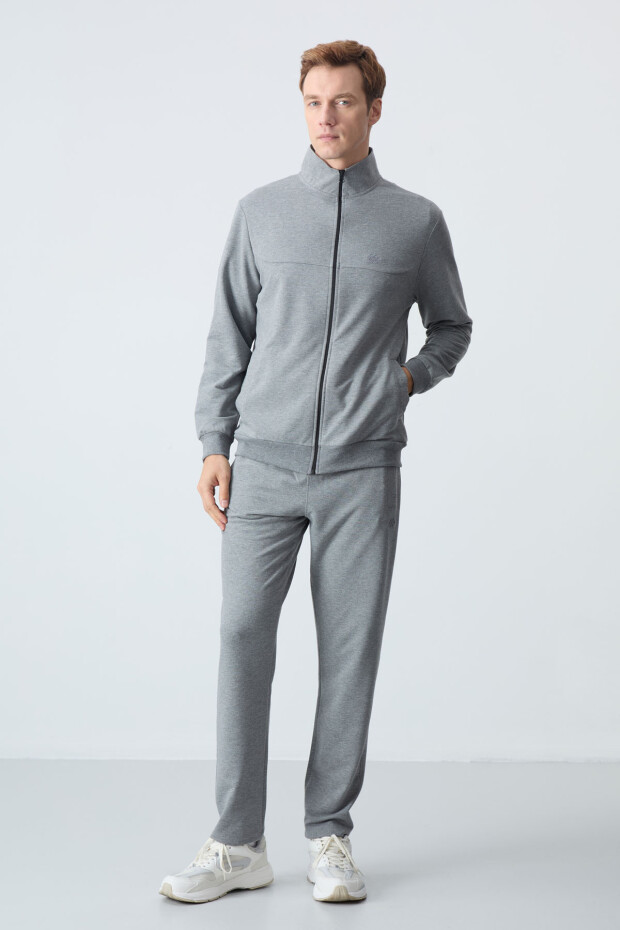 Gri Melanj Pamuklu Kalın Yumuşak Dokulu Comfort Fit Basic Erkek Eşofman Takım - 85260 - 1