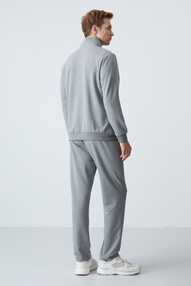 Gri Melanj Pamuklu Kalın Yumuşak Dokulu Comfort Fit Basic Erkek Eşofman Takım - 85260 - 9