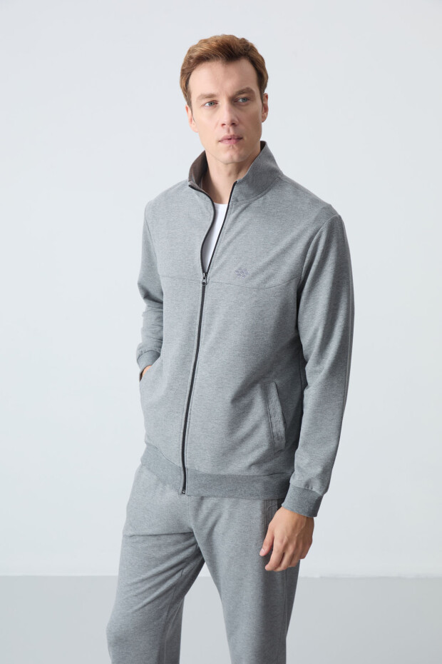 Gri Melanj Pamuklu Kalın Yumuşak Dokulu Comfort Fit Basic Erkek Eşofman Takım - 85260 - 2