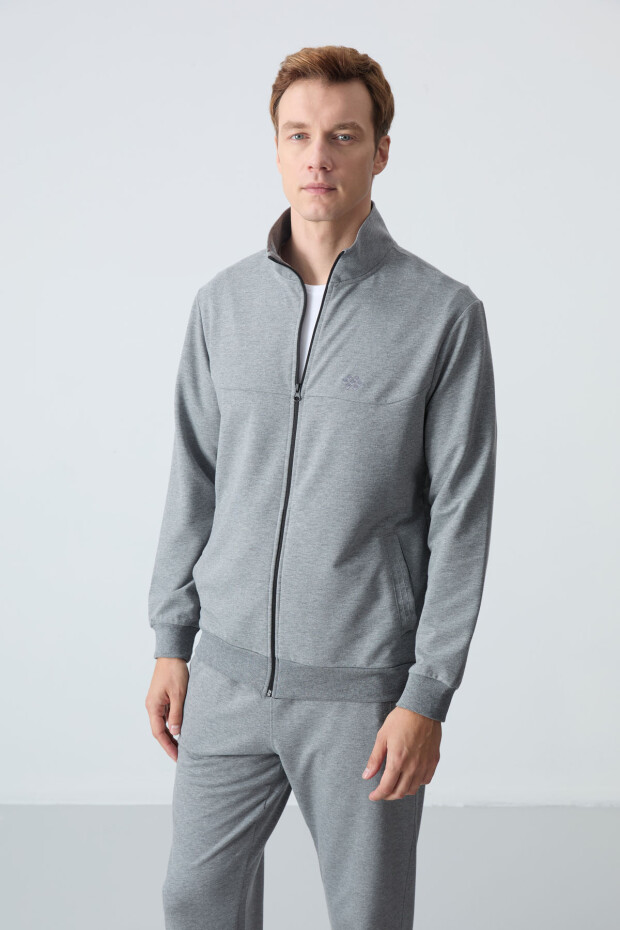 Gri Melanj Pamuklu Kalın Yumuşak Dokulu Comfort Fit Basic Erkek Eşofman Takım - 85260 - 8