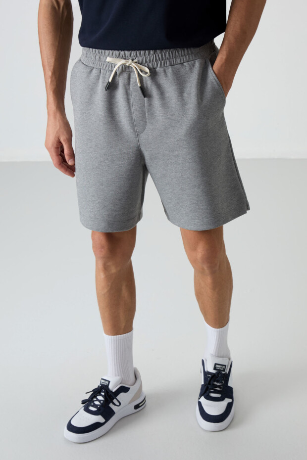 Gri Melanj Pamuklu Kalın Yumuşak Dokulu Comfort Fit Basic Erkek Şort - 81274 - 4