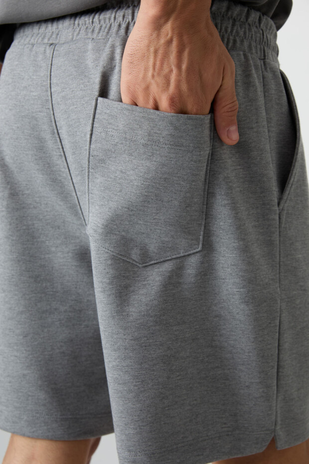 Gri Melanj Pamuklu Kalın Yumuşak Dokulu Comfort Fit Basic Erkek Şort - 81274 - 5