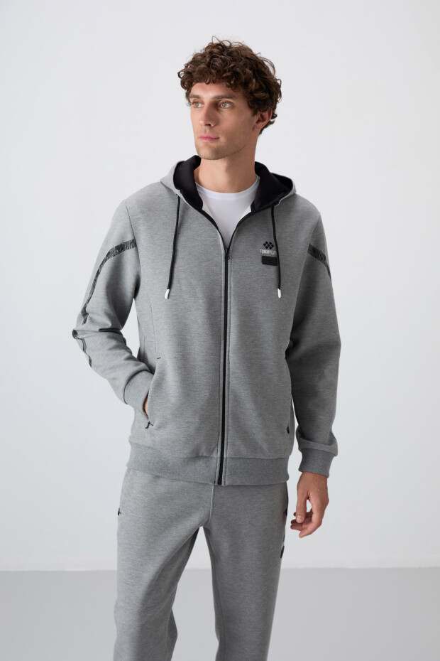 Gri Melanj Pamuklu Kalın Yumuşak Dokulu Comfort Fit Baskılı Erkek Eşofman Takım - 85236 - 2