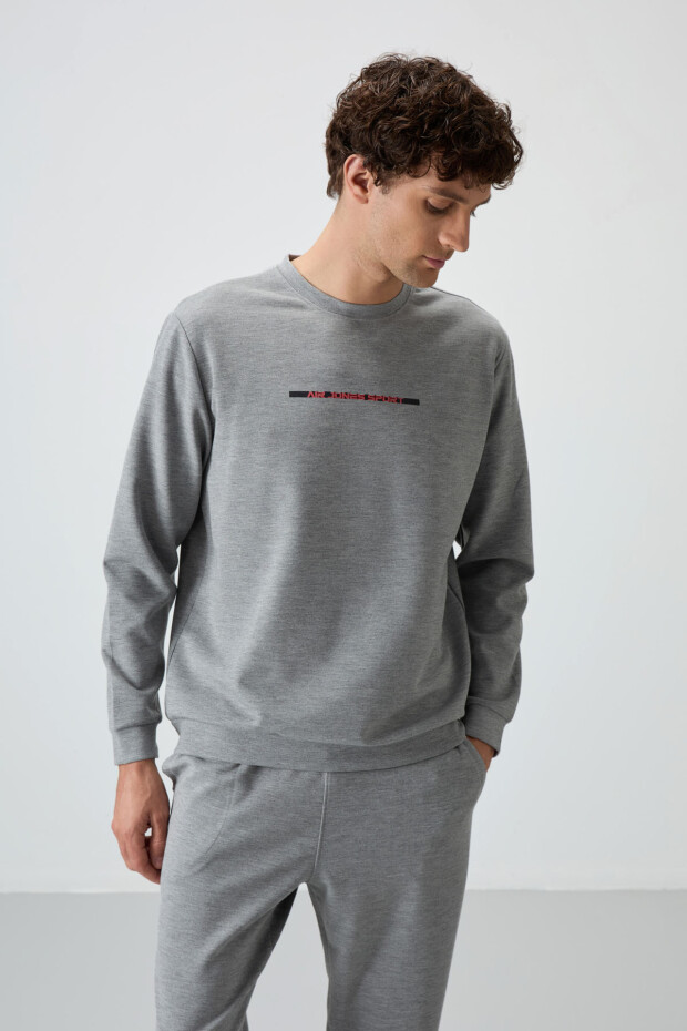 Gri Melanj Pamuklu Kalın Yumuşak Dokulu Comfort Fit Baskılı Erkek Eşofman Takım - 85239 - 5
