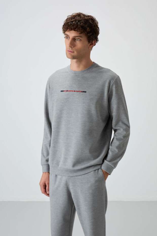Gri Melanj Pamuklu Kalın Yumuşak Dokulu Comfort Fit Baskılı Erkek Eşofman Takım - 85239 - 3
