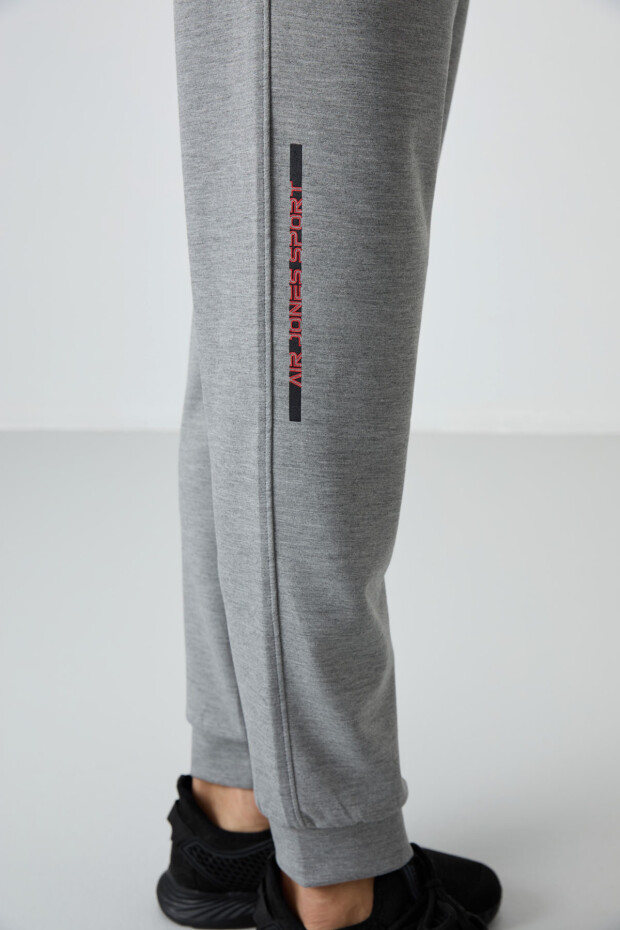 Gri Melanj Pamuklu Kalın Yumuşak Dokulu Comfort Fit Baskılı Erkek Eşofman Takım - 85239 - 7