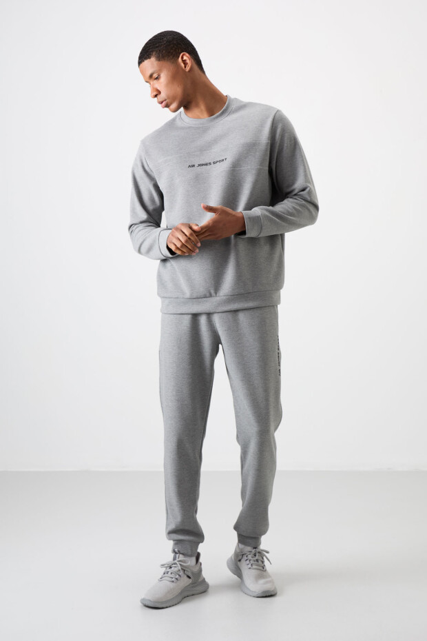 Gri Melanj Pamuklu Kalın Yumuşak Dokulu Comfort Fit Baskılı Erkek Eşofman Takım - 85253 - 3