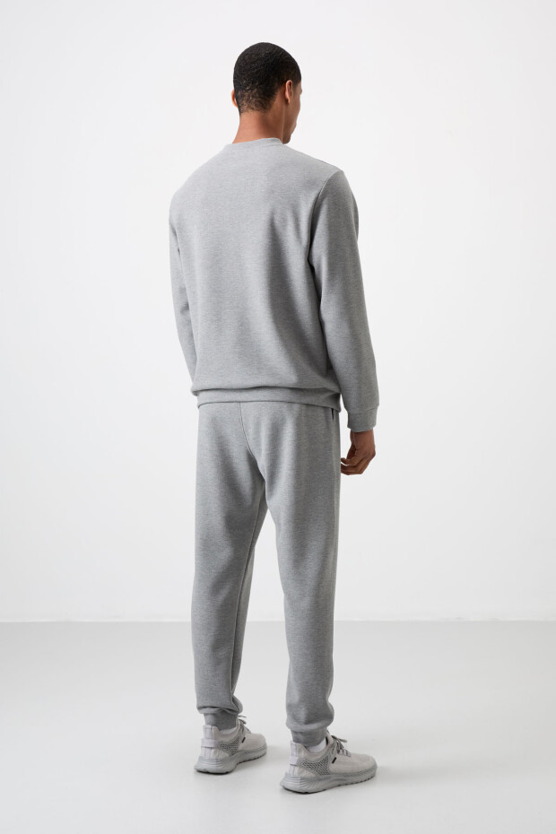 Gri Melanj Pamuklu Kalın Yumuşak Dokulu Comfort Fit Baskılı Erkek Eşofman Takım - 85253 - 9