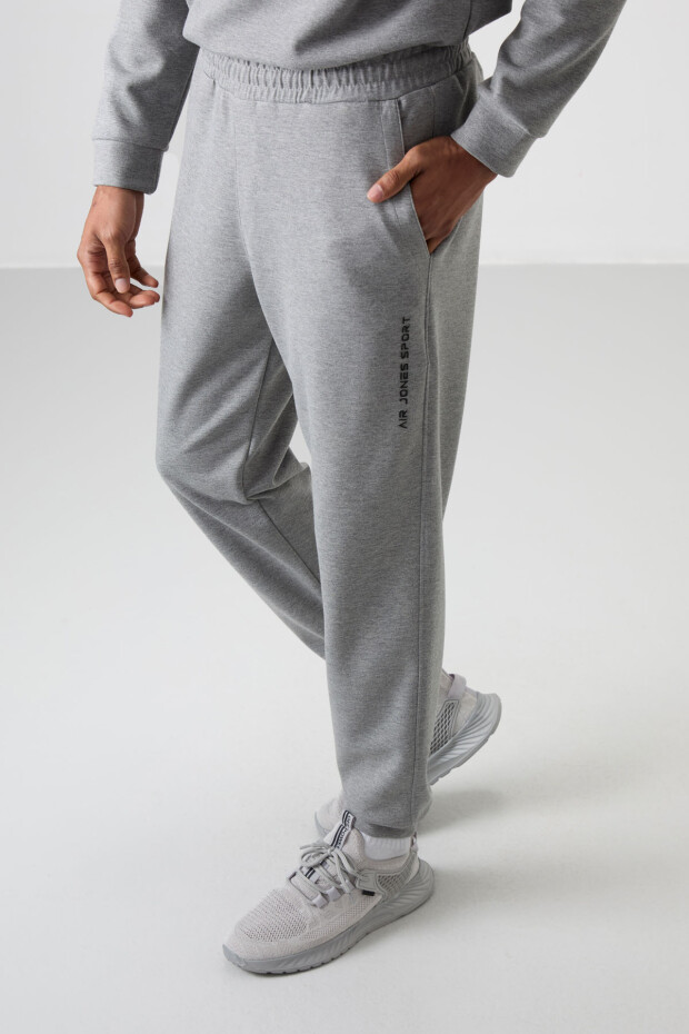 Gri Melanj Pamuklu Kalın Yumuşak Dokulu Comfort Fit Baskılı Erkek Eşofman Takım - 85253 - 7