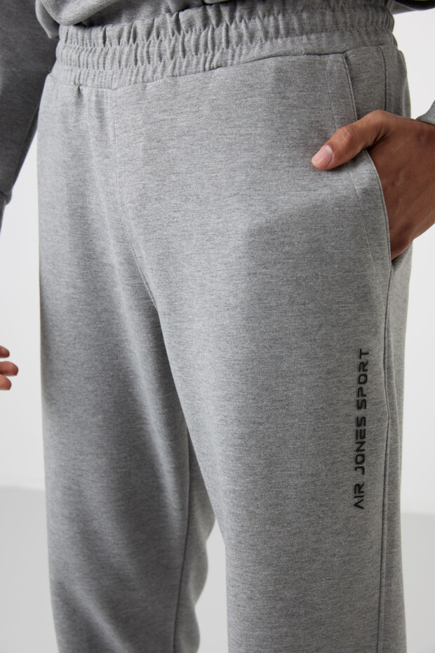Gri Melanj Pamuklu Kalın Yumuşak Dokulu Comfort Fit Baskılı Erkek Eşofman Takım - 85253 - 6