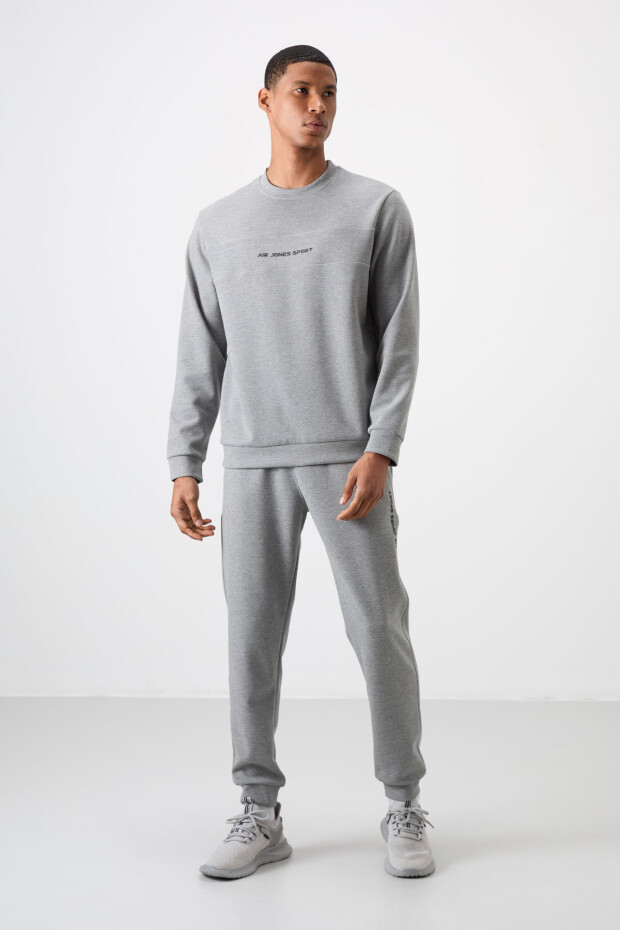 Gri Melanj Pamuklu Kalın Yumuşak Dokulu Comfort Fit Baskılı Erkek Eşofman Takım - 85253 - 8