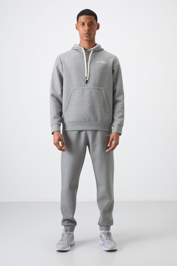 Gri Melanj Pamuklu Kalın Yumuşak Dokulu Comfort Fit Nakışlı Erkek Eşofman Takım - 85255 - 5