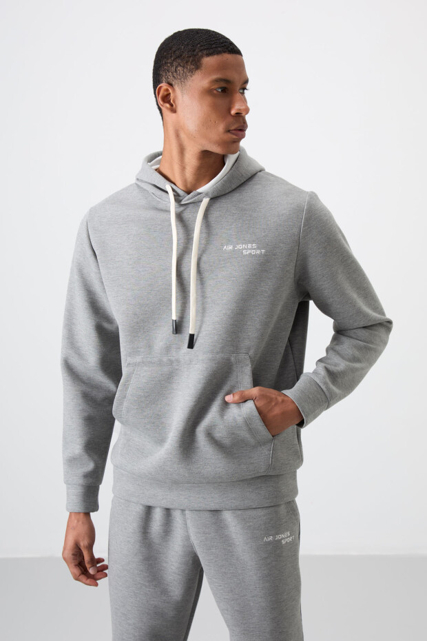 Gri Melanj Pamuklu Kalın Yumuşak Dokulu Comfort Fit Nakışlı Erkek Eşofman Takım - 85255 - 2