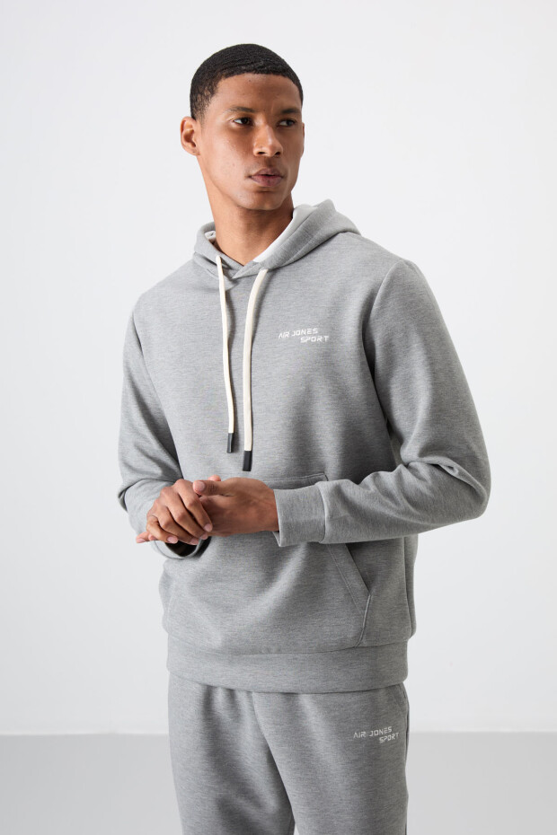 Gri Melanj Pamuklu Kalın Yumuşak Dokulu Comfort Fit Nakışlı Erkek Eşofman Takım - 85255 - 7