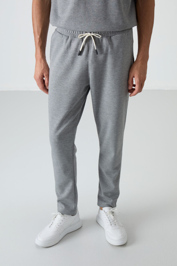 Gri Melanj Pamuklu Kalın Yumuşak Dokulu Oversize Fit Basic Erkek Eşofman Takım - 85251 - 4