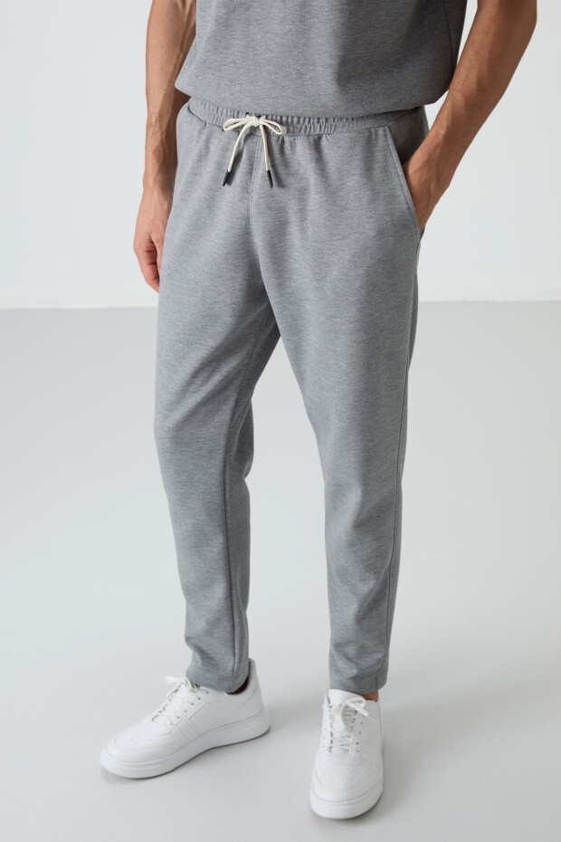 Gri Melanj Pamuklu Kalın Yumuşak Dokulu Oversize Fit Basic Erkek Eşofman Takım - 85251 - 6