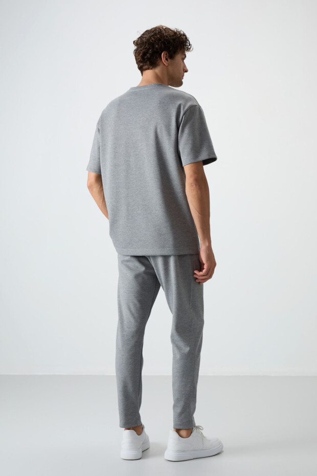 Gri Melanj Pamuklu Kalın Yumuşak Dokulu Oversize Fit Basic Erkek Eşofman Takım - 85251 - 8