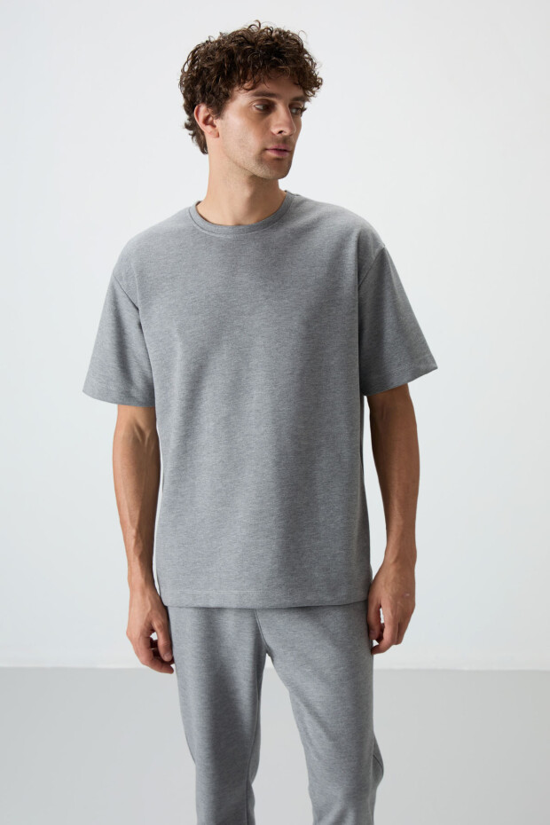 Gri Melanj Pamuklu Kalın Yumuşak Dokulu Oversize Fit Basic Erkek Eşofman Takım - 85251 - 2