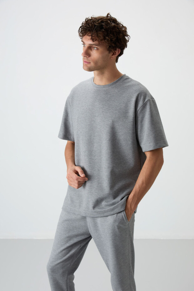 Gri Melanj Pamuklu Kalın Yumuşak Dokulu Oversize Fit Basic Erkek Eşofman Takım - 85251 - 5