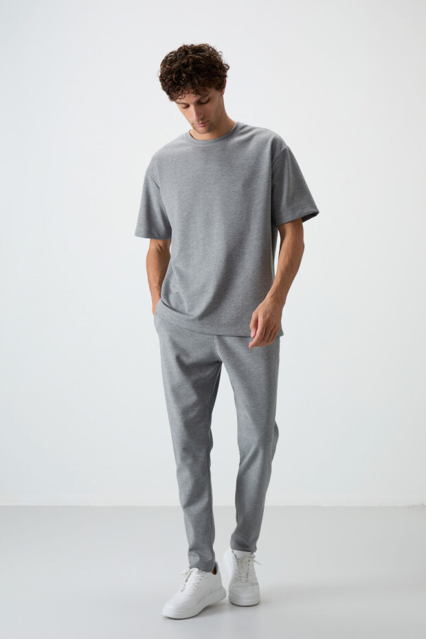 Gri Melanj Pamuklu Kalın Yumuşak Dokulu Oversize Fit Basic Erkek Eşofman Takım - 85251 - 7