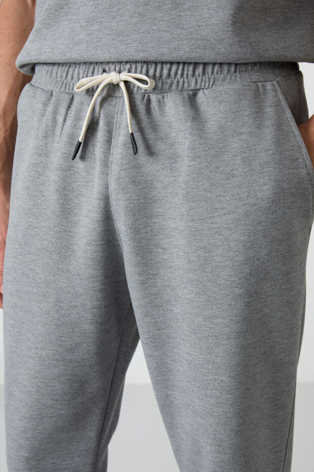Gri Melanj Pamuklu Kalın Yumuşak Dokulu Oversize Fit Basic Erkek Eşofman Takım - 85251 - 3