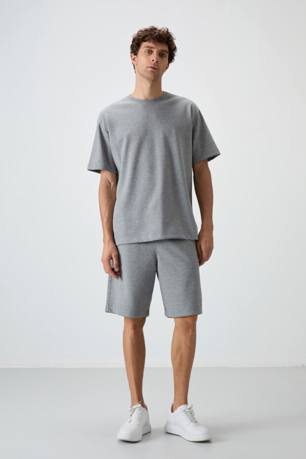 Gri Melanj Pamuklu Kalın Yumuşak Dokulu Oversize Fit Basic Erkek Şort Takım - 85249 - 5