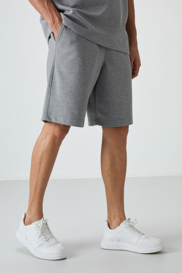 Gri Melanj Pamuklu Kalın Yumuşak Dokulu Oversize Fit Basic Erkek Şort Takım - 85249 - 4