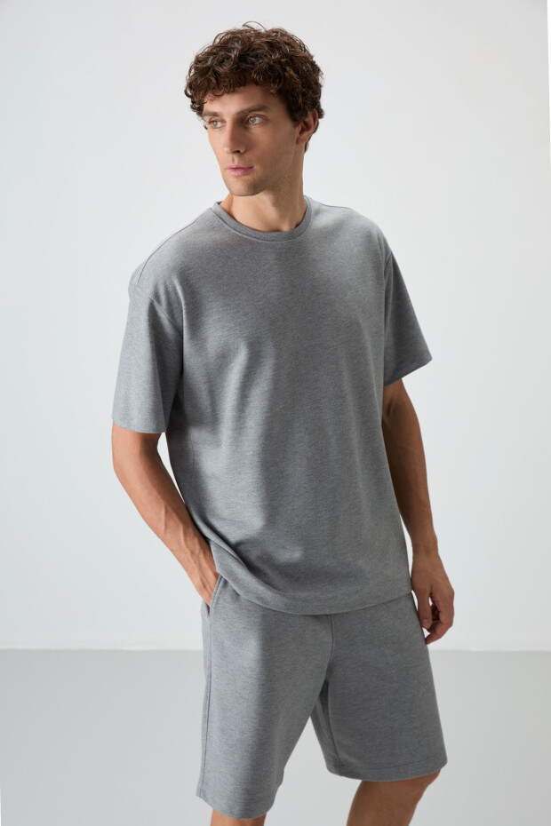 Gri Melanj Pamuklu Kalın Yumuşak Dokulu Oversize Fit Basic Erkek Şort Takım - 85249 - 2