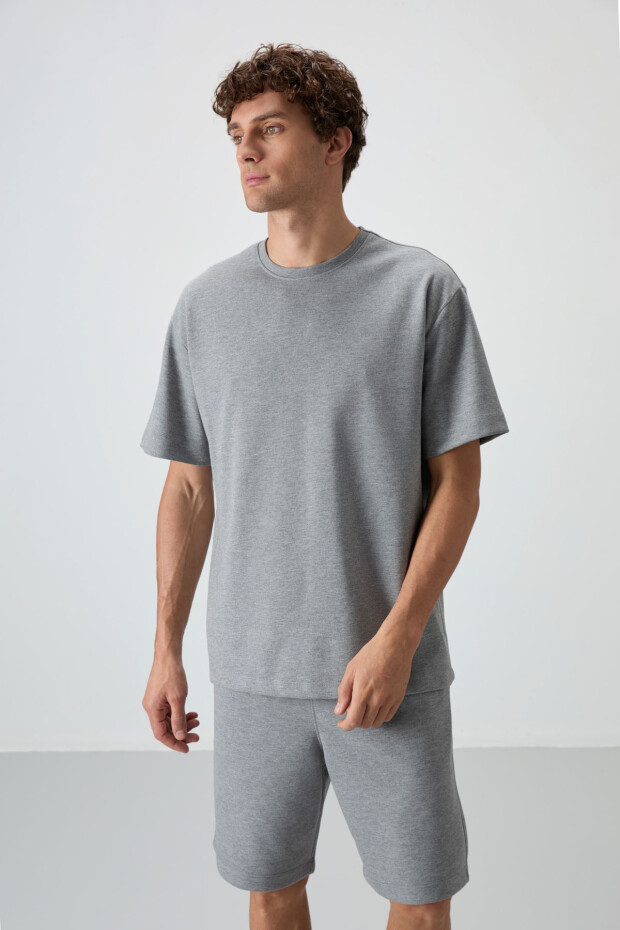 Gri Melanj Pamuklu Kalın Yumuşak Dokulu Oversize Fit Basic Erkek Şort Takım - 85249 - 6