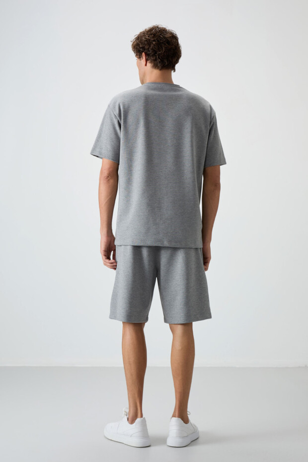 Gri Melanj Pamuklu Kalın Yumuşak Dokulu Oversize Fit Basic Erkek Şort Takım - 85249 - 7