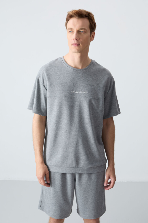 Gri Melanj Pamuklu Kalın Yumuşak Dokulu Oversize Fit Basic Erkek Şort Takım - 85257 - 4