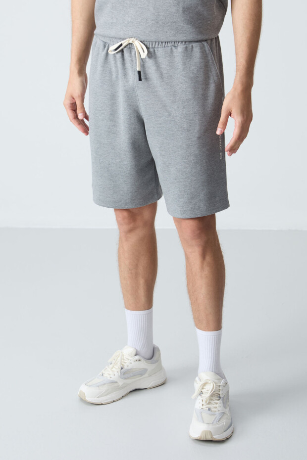 Gri Melanj Pamuklu Kalın Yumuşak Dokulu Oversize Fit Basic Erkek Şort Takım - 85257 - 2