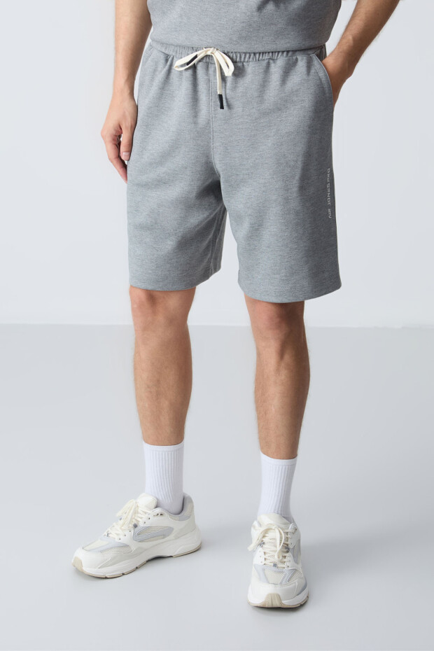 Gri Melanj Pamuklu Kalın Yumuşak Dokulu Oversize Fit Basic Erkek Şort Takım - 85257 - 6