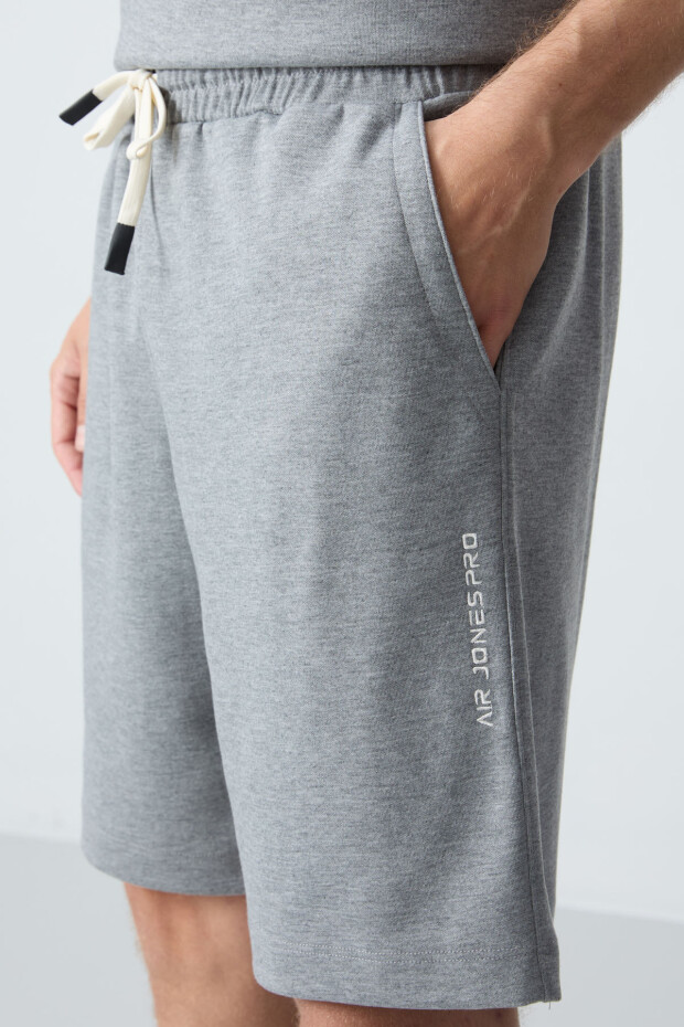 Gri Melanj Pamuklu Kalın Yumuşak Dokulu Oversize Fit Basic Erkek Şort Takım - 85257 - 5